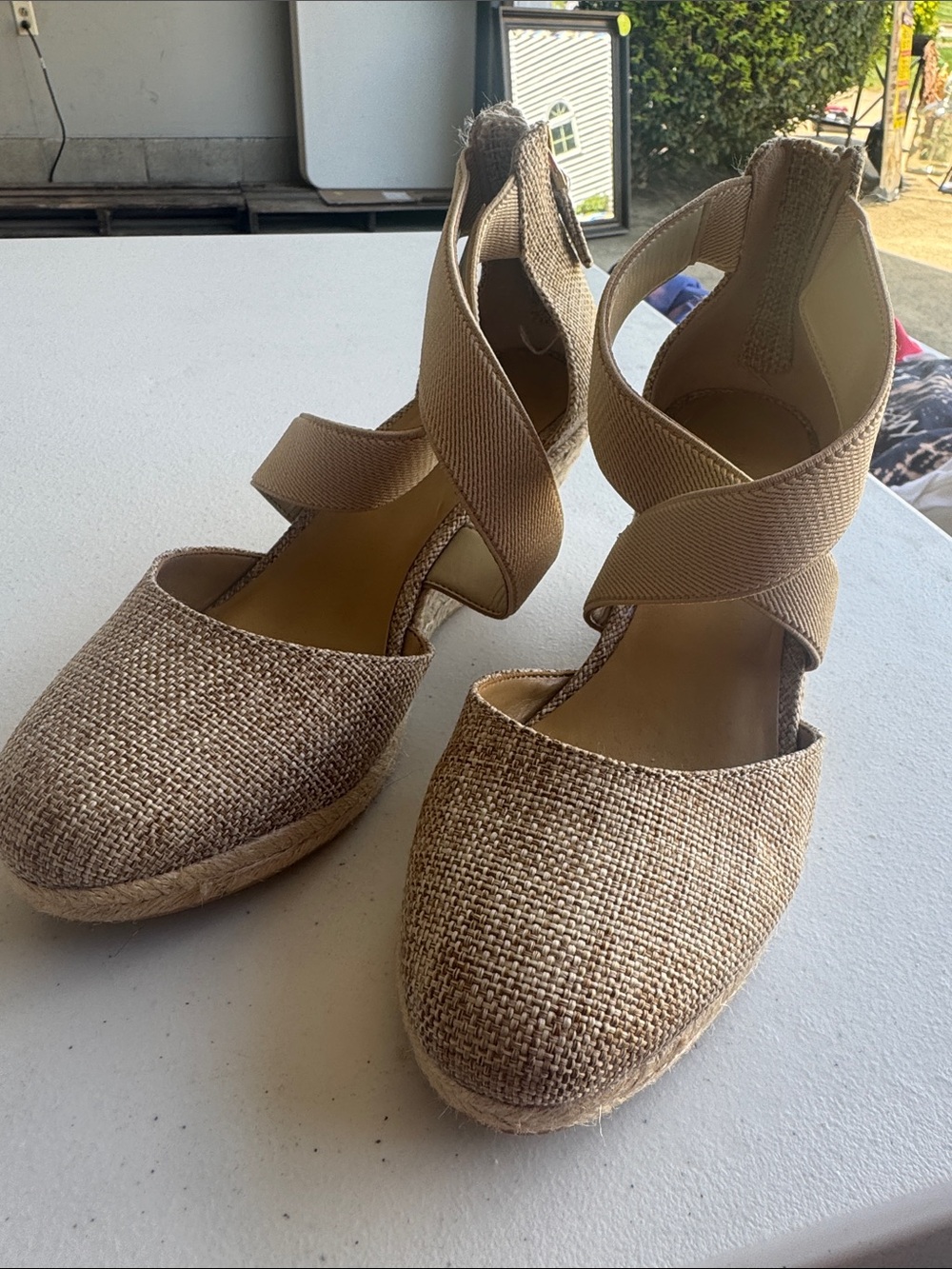 Talbots Tan Wedge Espadrilles with Cross-Strap